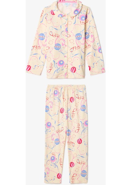 Krem Kız Çocuk Circus Desenli Düğmeli Uzun Kollu Pamuklu Pijama Takımı