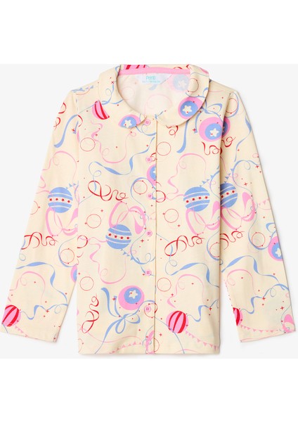 Krem Kız Çocuk Circus Desenli Düğmeli Uzun Kollu Pamuklu Pijama Takımı