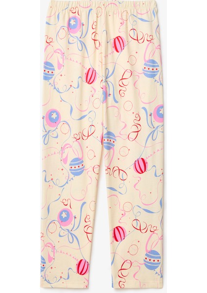 Krem Kız Çocuk Circus Desenli Düğmeli Uzun Kollu Pamuklu Pijama Takımı