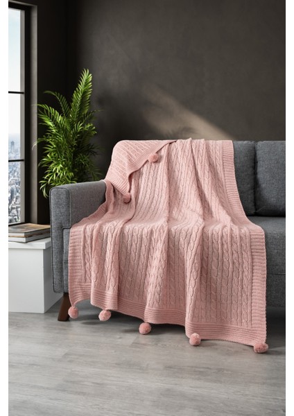 Ponponlu Triko Örme Tv Battaniyesi–örgü Koltuk & Omuz Şalı & Diz BATTANIYESI–130X170 Cm-Pudra