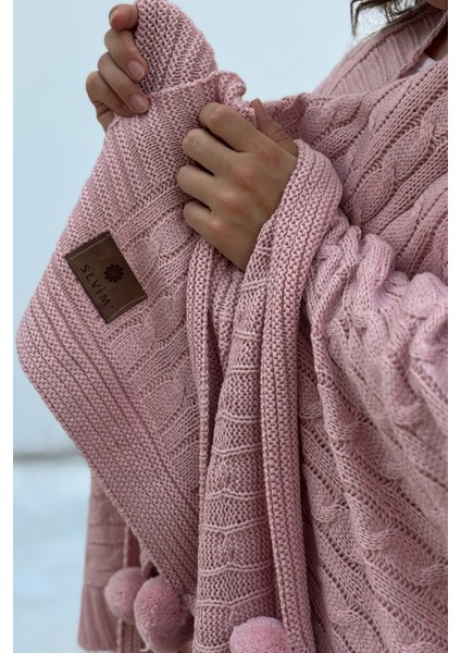 Ponponlu Triko Örme Tv Battaniyesi–örgü Koltuk & Omuz Şalı & Diz BATTANIYESI–130X170 Cm-Pudra fiyatları