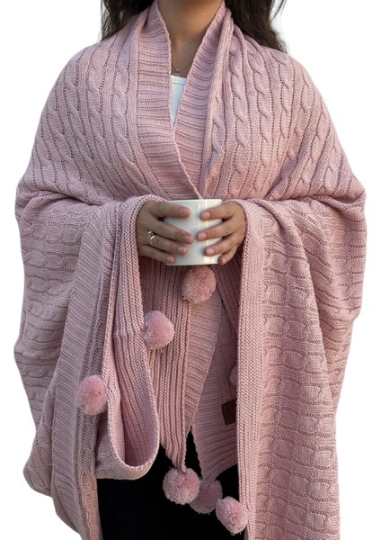 Ponponlu Triko Örme Tv Battaniyesi–örgü Koltuk & Omuz Şalı & Diz BATTANIYESI–130X170 Cm-Pudra modelleri
