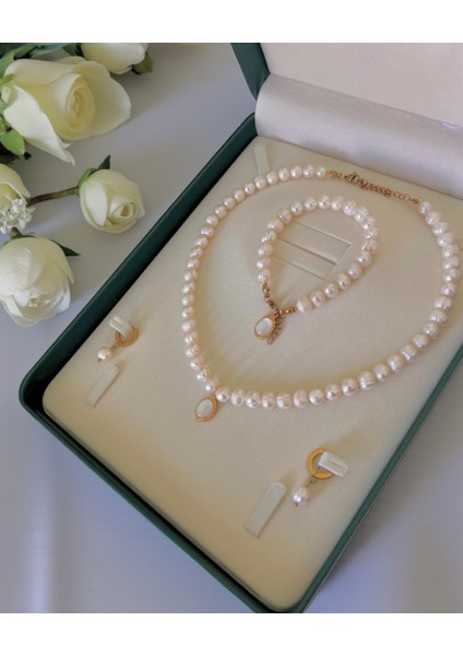 Doğal Beyaz Inci Kolye Bileklik Küpe Set-Çelik Aparat -Oval Charm