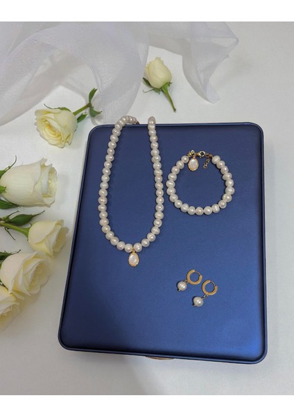 Doğal Beyaz Inci Kolye Bileklik Küpe Set-Çelik Aparat -Oval Charm fiyatları