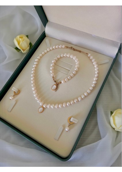 Doğal Beyaz Inci Kolye Bileklik Küpe Set-Çelik Aparat -Oval Charm modelleri