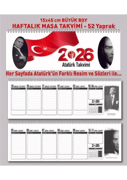 53 Yp. Haftalık Takvim 15X45 cm Atatürk Masa Sümeni. Atatürk'ün Farklı Söz ve RESIMLERI-2026