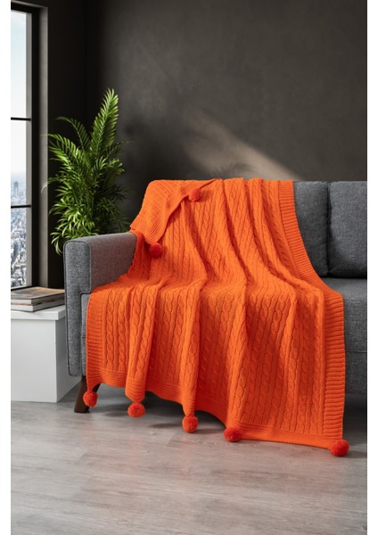 Ponponlu Triko Örme Tv Battaniyesi–örgü Koltuk & Omuz Şalı & Diz BATTANIYESI–130X170 Cm-Turuncu