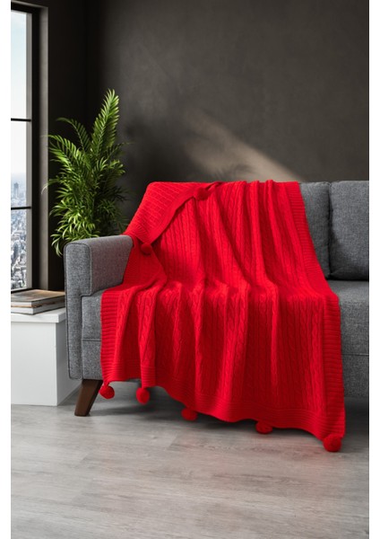 Ponponlu Triko Örgü Battaniye-Örgü Koltuk Şalı & Diz BATTANIYESI-130X170 Cm-Kırmızı