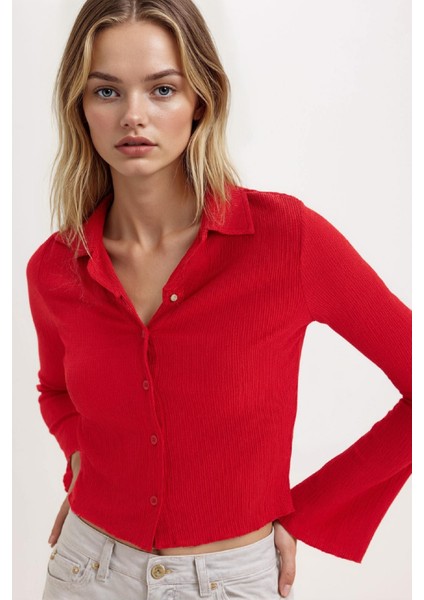 Coool Fitted Basic Düz Bürümcük Uzun Kollu Crop Gömlek A0012AX25SP