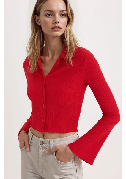 Coool Fitted Basic Düz Bürümcük Uzun Kollu Crop Gömlek A0012AX25SP modelleri