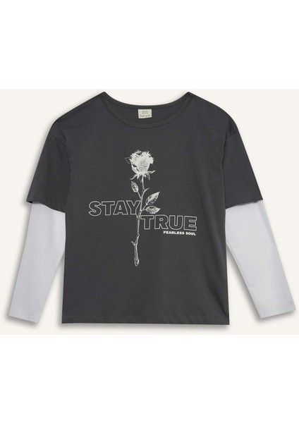 Kız Çocuk Oversize Geniş Kalıp Bisiklet Yaka Baskılı Uzun Kollu Tişört F8001A825AU fırsatları