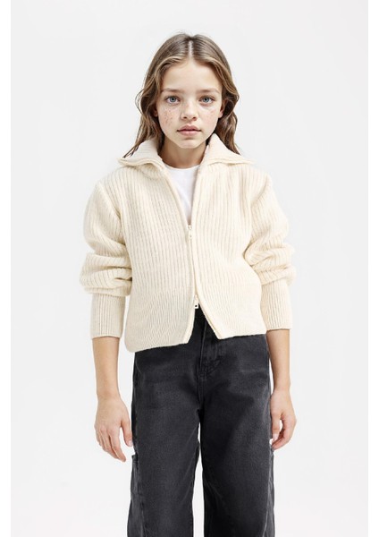 Kız Çocuk Basic Düz Dik Yaka Fermuarlı Triko Hırka C9557A824WN