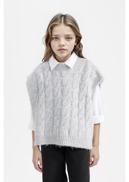 Kız Çocuk Bisiklet Yaka Saç Örgüsü Desenli Triko Süveter C9659A824WN