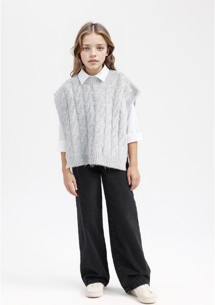 Kız Çocuk Bisiklet Yaka Saç Örgüsü Desenli Triko Süveter C9659A824WN fiyatları