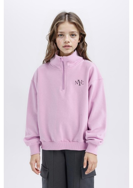 Kız Çocuk Relax Fit Yarım Fermuarlı Baskılı Sweatshirt D0620A824AU
