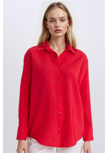Oversize Geniş Kalıp Basic Düz Uzun Kollu Kırmızı Gömlek E4350AX25SP