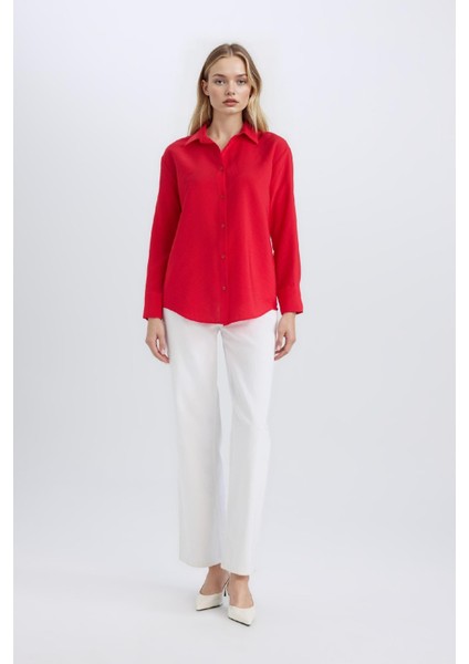 Oversize Geniş Kalıp Basic Düz Uzun Kollu Kırmızı Gömlek E4350AX25SP fiyatları