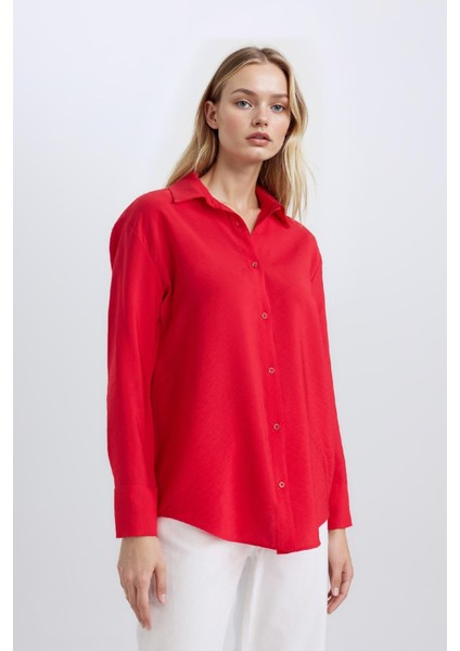 Oversize Geniş Kalıp Basic Düz Uzun Kollu Kırmızı Gömlek E4350AX25SP fırsatları