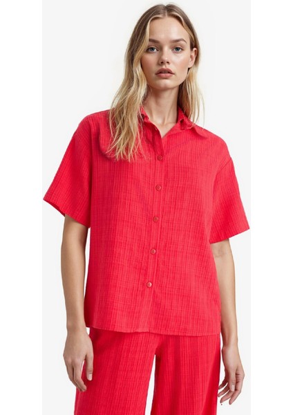 Oversize Geniş Kalıp Basic Düz Kırmızı Kısa Kollu Gömlek A9135AX25SM