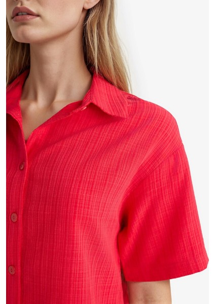 Oversize Geniş Kalıp Basic Düz Kırmızı Kısa Kollu Gömlek A9135AX25SM