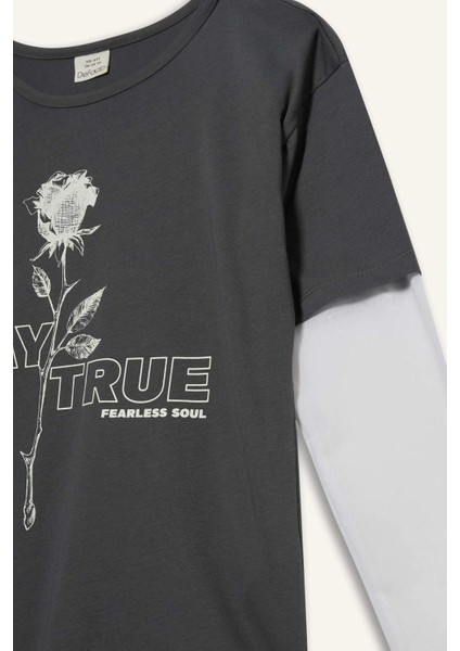 Kız Çocuk Oversize Geniş Kalıp Bisiklet Yaka Baskılı Uzun Kollu Tişört F8001A825AU indirimleri