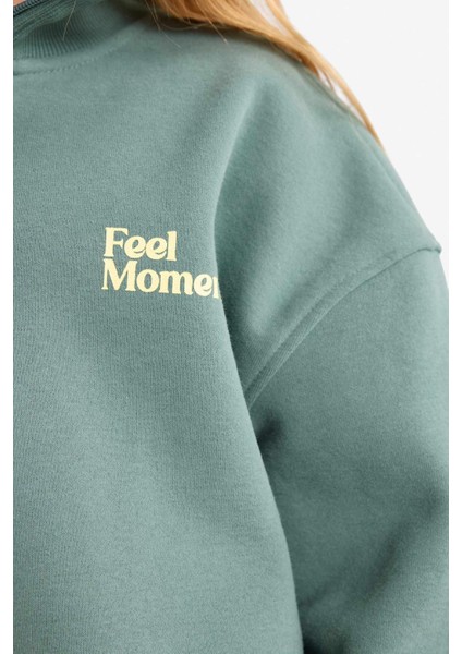 Kız Çocuk 2'li Takım Baskılı Yarım Fermuarlı Sweatshirt Geniş Paça Eşofman Altı modelleri