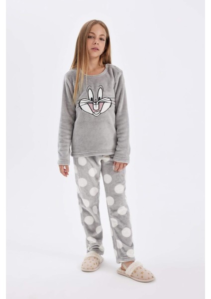Kız Çocuk Pijama Takımı Looney Tunes Pelüş Uzun Kollu Üst Uzun Alt D1069A824WN fırsatları