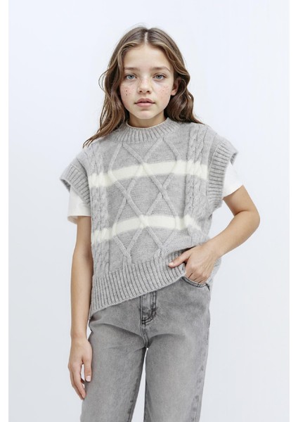 Kız Çocuk Bisiklet Yaka Çizgili Triko Süveter D1388A824WN