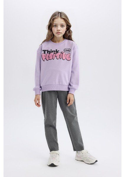 Kız Çocuk Relax Fit Bisiklet Yaka Baskılı İçi Yumuşak Tüylü Sweatshirt D1552A824WN fiyatları