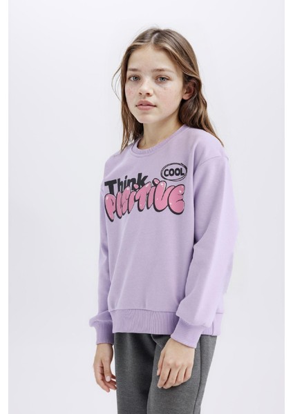 Kız Çocuk Relax Fit Bisiklet Yaka Baskılı İçi Yumuşak Tüylü Sweatshirt D1552A824WN fırsatları