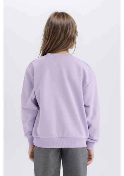 Kız Çocuk Relax Fit Bisiklet Yaka Baskılı İçi Yumuşak Tüylü Sweatshirt D1552A824WN