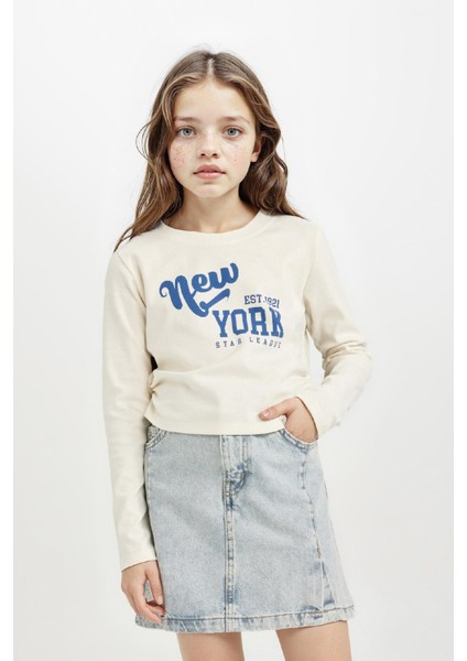 Kız Çocuk Cropped Fit Bisiklet Yaka Baskılı Ribana Uzun Kollu Tişört D2987A824AU