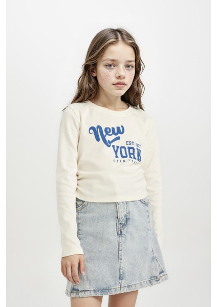 Kız Çocuk Cropped Fit Bisiklet Yaka Baskılı Ribana Uzun Kollu Tişört D2987A824AU fiyatları