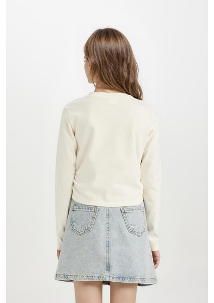 Kız Çocuk Cropped Fit Bisiklet Yaka Baskılı Ribana Uzun Kollu Tişört D2987A824AU fırsatları