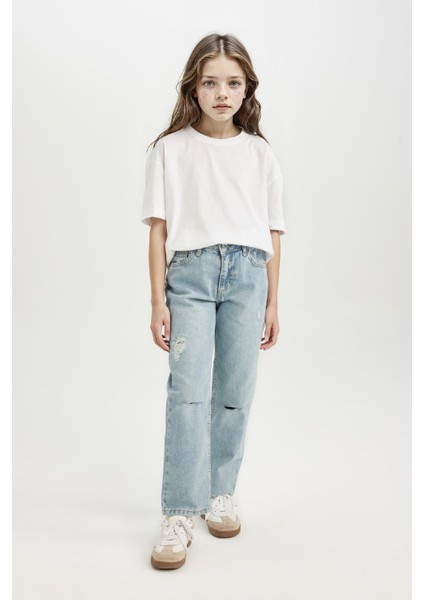 Kız Çocuk Straight Fit Yırtık Detaylı Düz Paça Cepli Jean Pantolon D3370A824WN