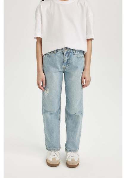 Kız Çocuk Straight Fit Yırtık Detaylı Düz Paça Cepli Jean Pantolon D3370A824WN fiyatları
