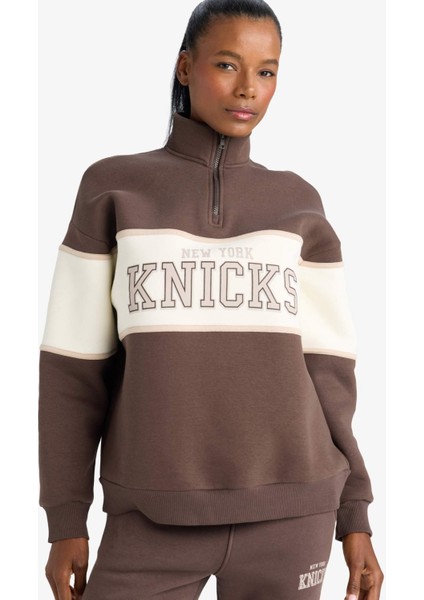 Fit NBA New York Knicks Oversize Geniş Kalıp Yarım Fermuarlı Sporcu Sweatshirt