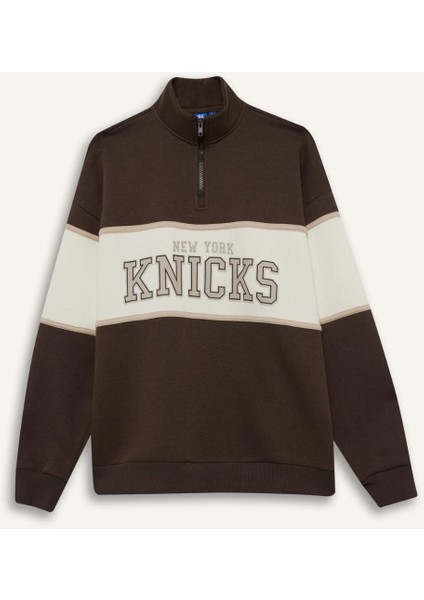 Fit NBA New York Knicks Oversize Geniş Kalıp Yarım Fermuarlı Sporcu Sweatshirt