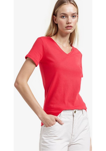 Slim Fit Dar Kesim V Yaka Basic Düz Ribana Kısa Kollu Tişört I1080AZ25AU