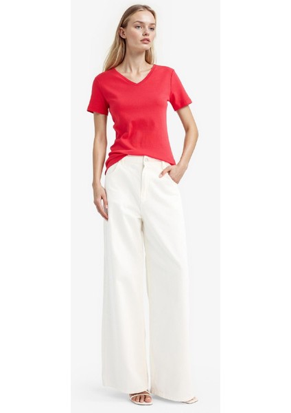 Slim Fit Dar Kesim V Yaka Basic Düz Ribana Kısa Kollu Tişört I1080AZ25AU fiyatları