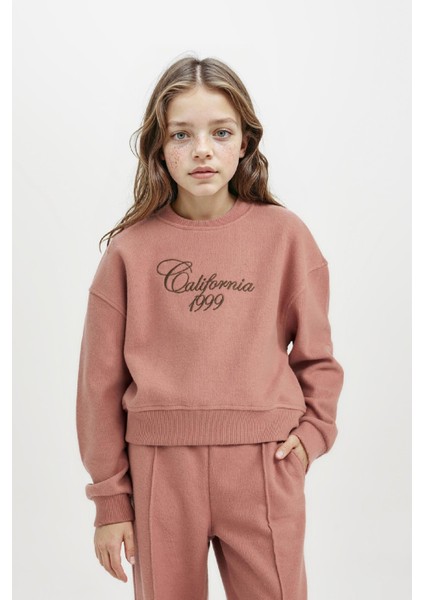 Kız Çocuk Bisiklet Yaka Baskılı Selanik Kumaş Sweatshirt D4295A824WN