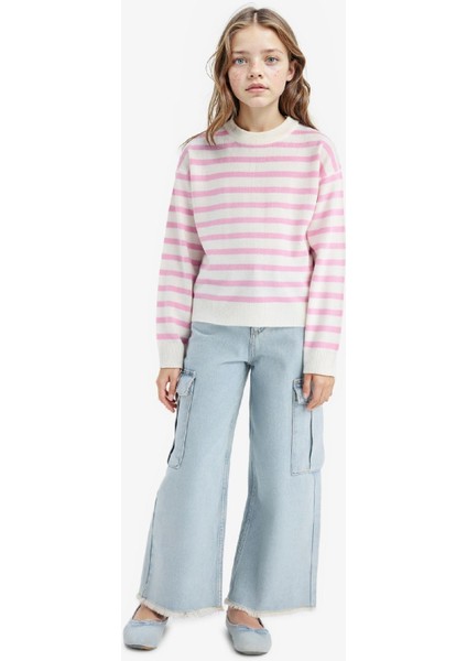 Kız Çocuk Standart Fit Bisiklet Yaka Çizgili Triko Kazak C6903A825AU fiyatları