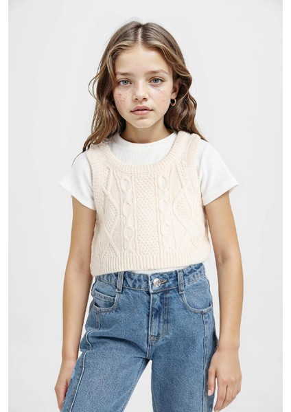 Kız Çocuk Örgü Desenli Crop Triko Süveter C6931A824AU fırsatları