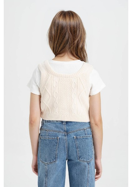 Kız Çocuk Örgü Desenli Crop Triko Süveter C6931A824AU