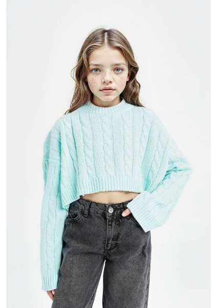 Kız Çocuk Crop Bisiklet Yaka Saç Örgülü Triko Kazak C6934A824AU