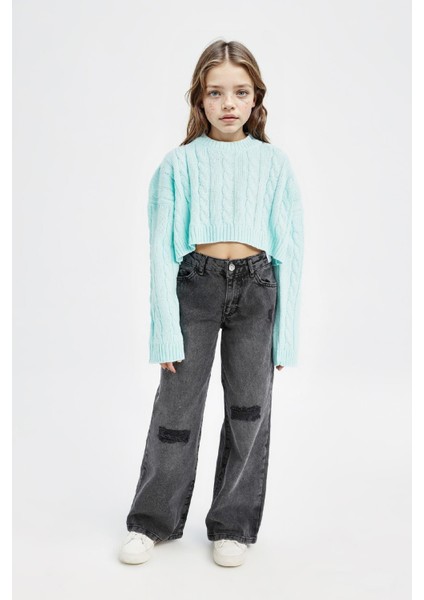 Kız Çocuk Crop Bisiklet Yaka Saç Örgülü Triko Kazak C6934A824AU fiyatları