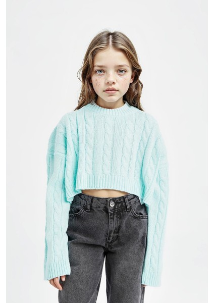 Kız Çocuk Crop Bisiklet Yaka Saç Örgülü Triko Kazak C6934A824AU modelleri