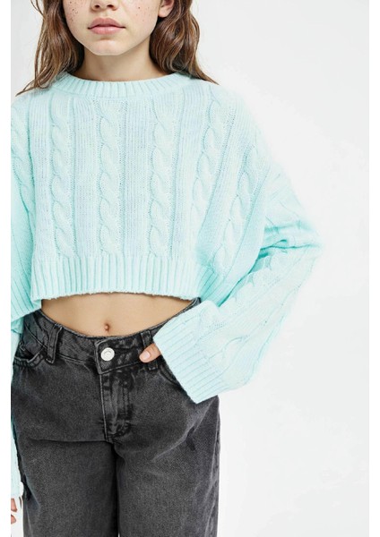 Kız Çocuk Crop Bisiklet Yaka Saç Örgülü Triko Kazak C6934A824AU fırsatları