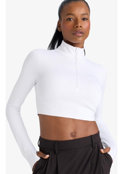 Fit Slim Fit Dar Kesim Fermuarlı Dik Yaka İçi Yumuşak Tüylü Esnek Kumaş Uzun Kollu Tişört