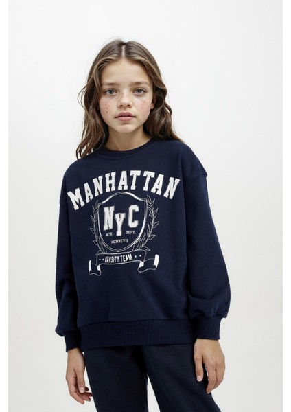 Kız Çocuk Relax Fit Bisiklet Yaka Baskılı Sweatshirt D6493A8NS